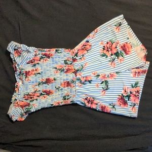 Girls Romper, blue and white striped with pink flowers, size 7/8
